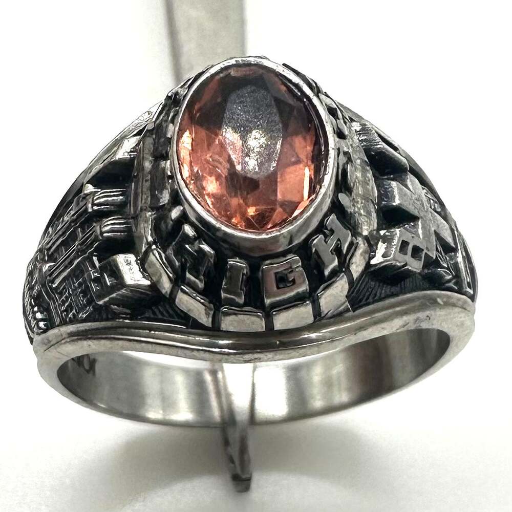 Jostens 1980 vintage silver tone Lustrium peach stone class ring 6.5